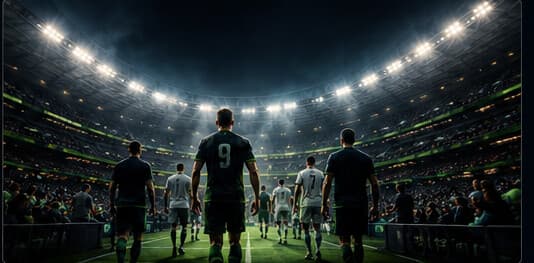 Players walking out onto the pitch under floodlights
